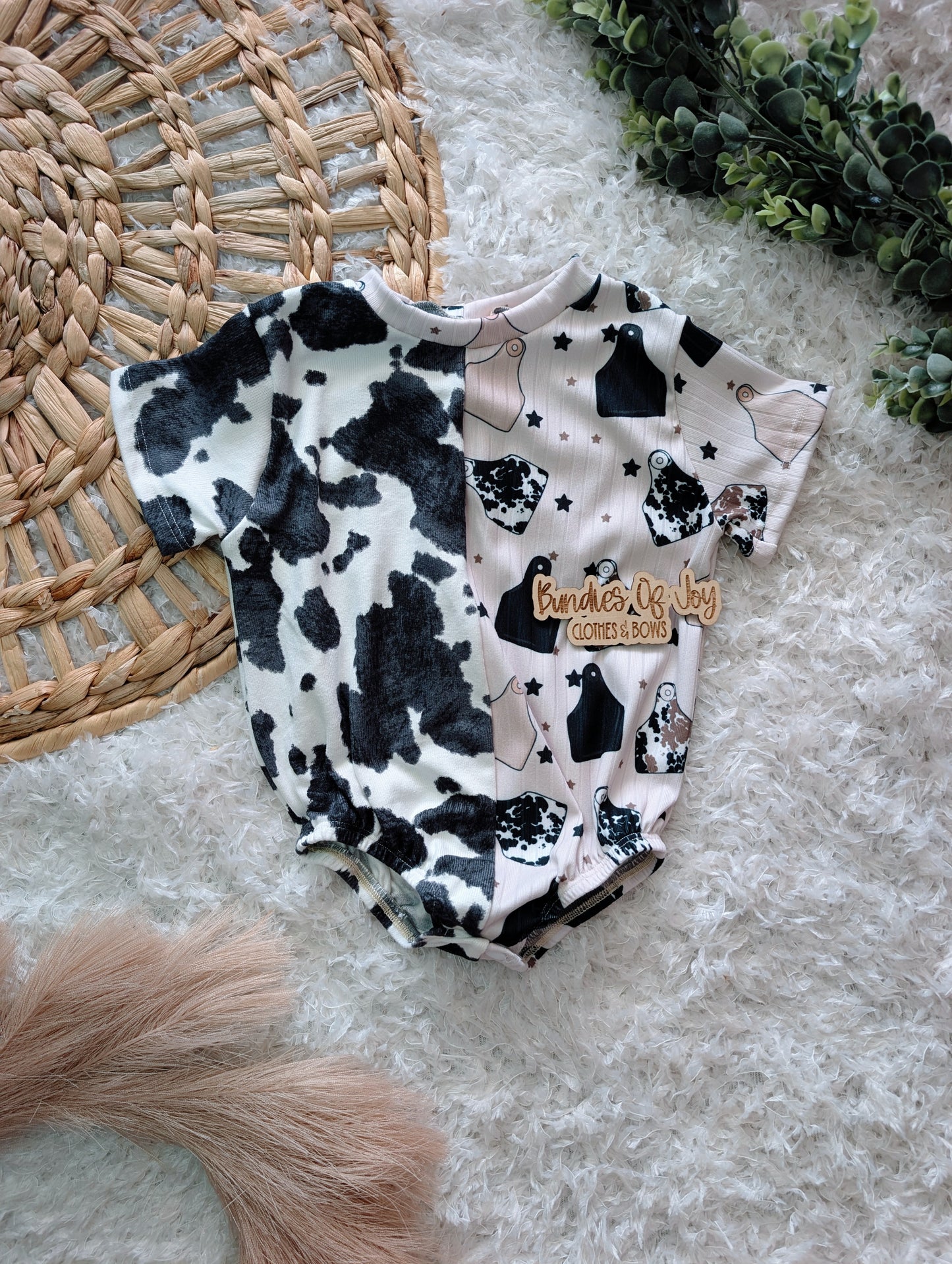 9/12 split fabric hunter romper RTS