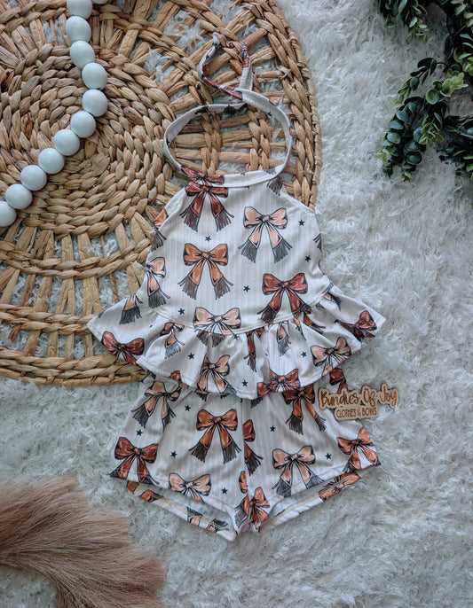 2t Olive halter w/ ruffles & breezy shorts RTS