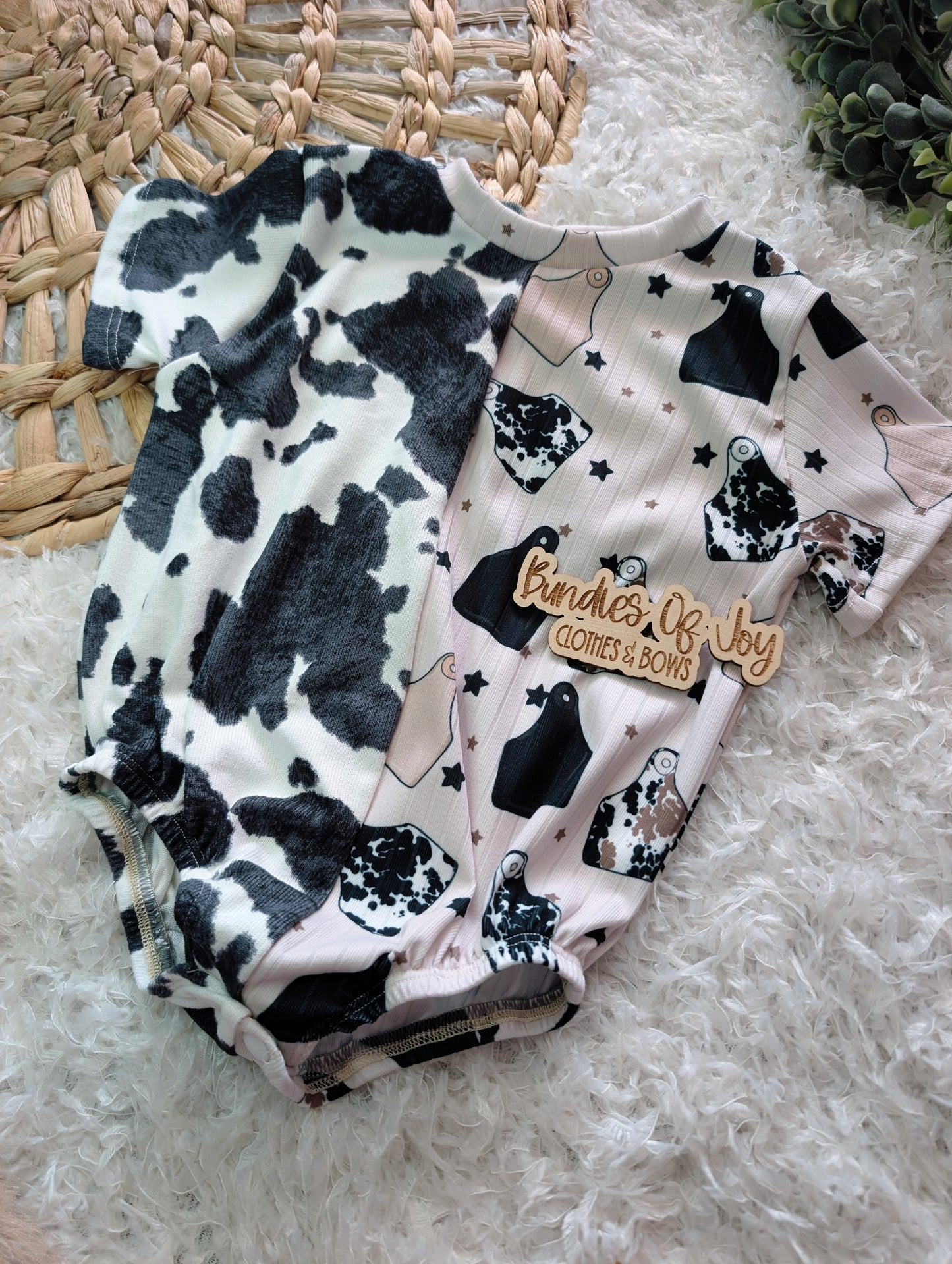 9/12 split fabric hunter romper RTS